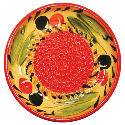 Spain red Orange Circle and Daisy Chain Pattern Dispatched from The UK Garlic Grater Plate Set with Brush and Peeler 23 Handmade and Hand Painted in Cordoba White with Green Rim 